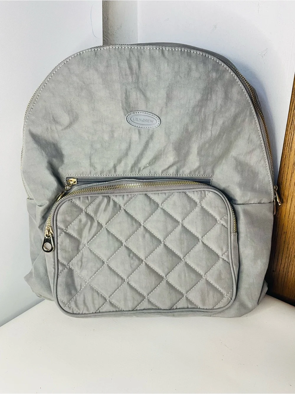 Lily & Drew Light wright Gray Nylon Backpack Organizer Gold Zippers Spacious